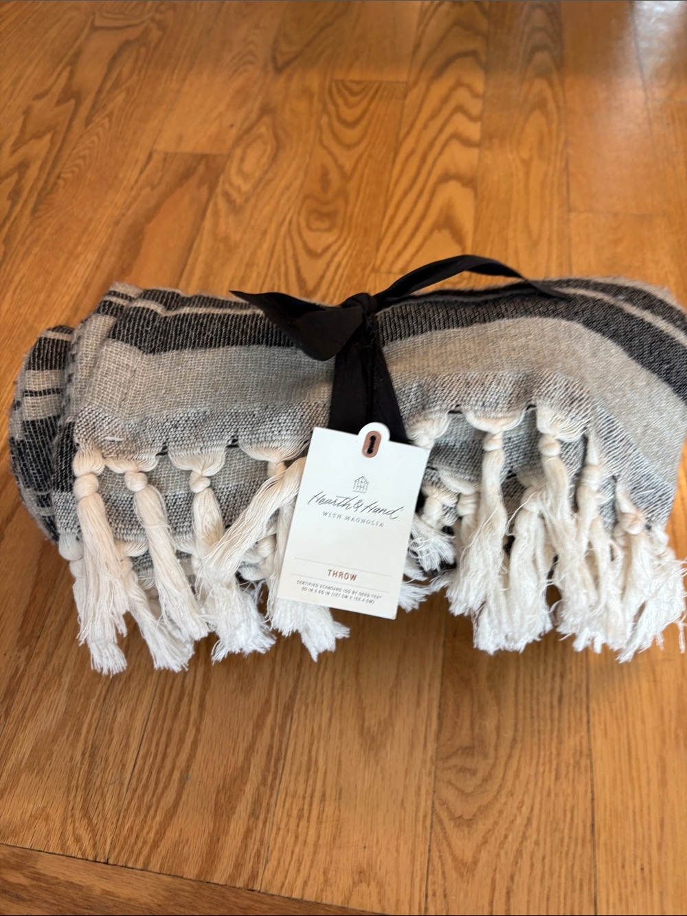 Hearth & Hand Gray and Cream Striped Tassel Throw